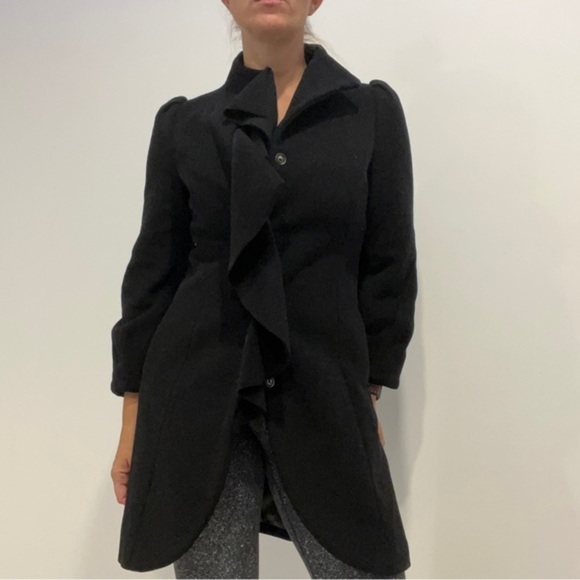 Sisley Cashmere Wool Pea Coat Jkt Blazer Black Velvet Soft Ruffle Snap Up Small - Picture 4 of 13